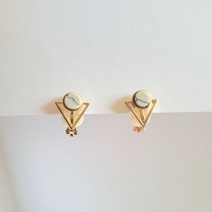 Dainty Gold Triangle & Marble Clip On Earrings Geometric Minimalist Abstract